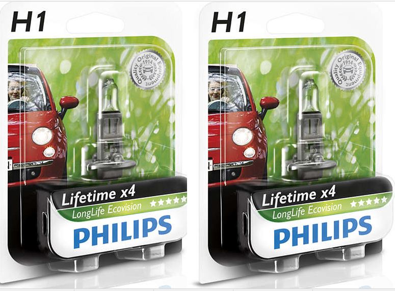 2Pcs Philips Long Life Eco Vision H1 Bulb Globe 12V 55W Life Time 12258LLECOB1