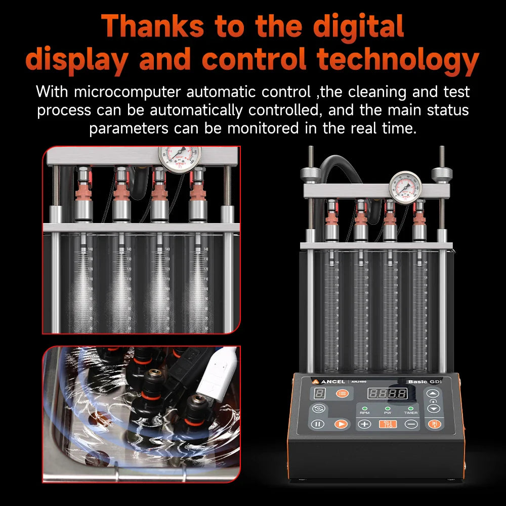 ANCEL ANJ400 Ultrasonic Fuel Injector Tester Cleaner Injecting Flow Test Machine GDI 4 Cylinders Ultrasonic Injector Cleaning