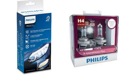 Headlight Restoration Kit + Philips H4 +130% x-treme Vision Halogen Bulb globe