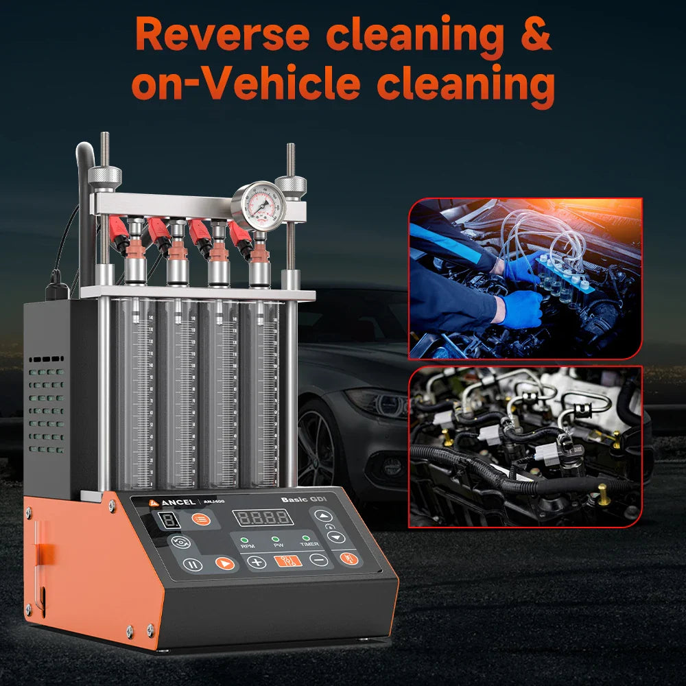 ANCEL ANJ400 Ultrasonic Fuel Injector Tester Cleaner Injecting Flow Test Machine GDI 4 Cylinders Ultrasonic Injector Cleaning