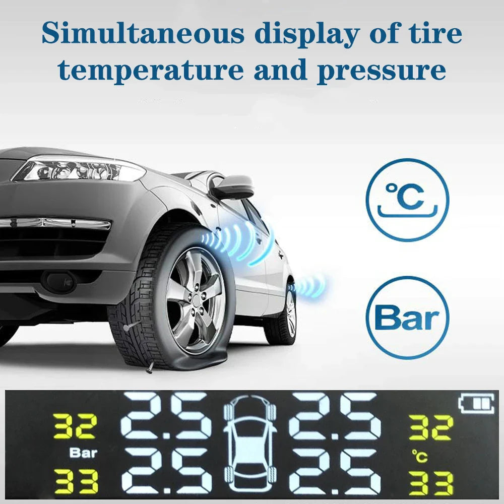 Car TPMS Intelligent Temperature Warning LCD Display Wireless Tire Pressure System USB Solar Powered + 4 External Sensors