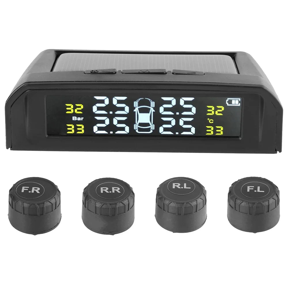 Car TPMS Intelligent Temperature Warning LCD Display Wireless Tire Pressure System USB Solar Powered + 4 External Sensors