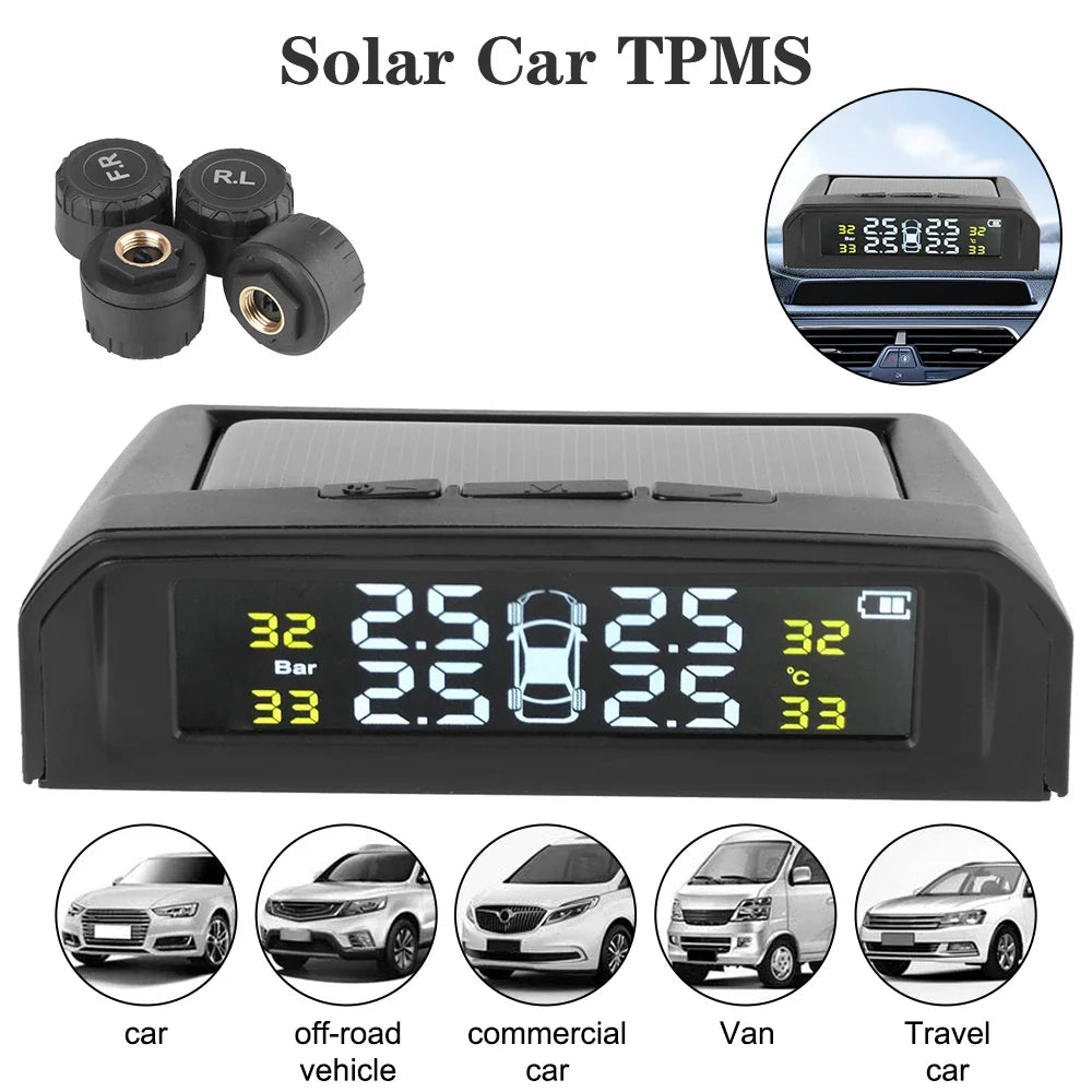 Car TPMS Intelligent Temperature Warning LCD Display Wireless Tire Pressure System USB Solar Powered + 4 External Sensors