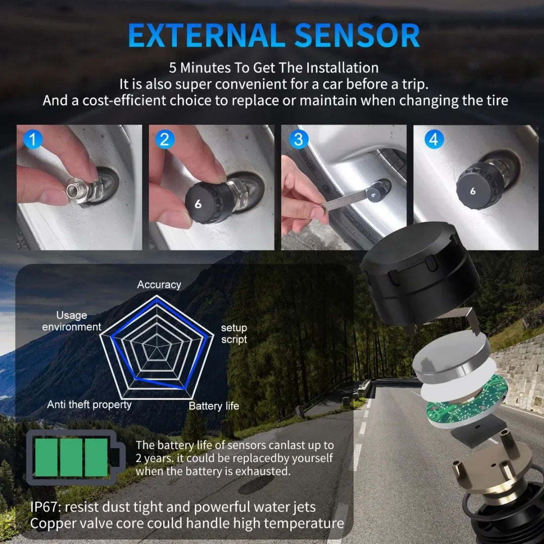 Tire Pressure Monitoring Tire Temperature Monitoring Automatic Safety Alarm System Solar Power Truck RV TPMS 6 Sensor