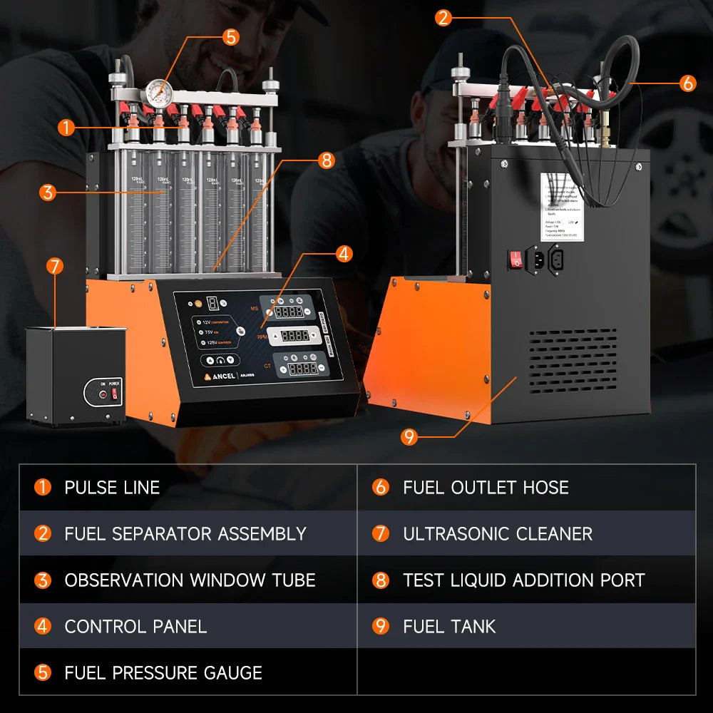 ANCEL ANJ600 GDI Piezo 220V 6 Cylinder Ultrasonic Wave Fuel Injector Cleaner Machine Tester Use for Car Motorcycle Cleaning Mach