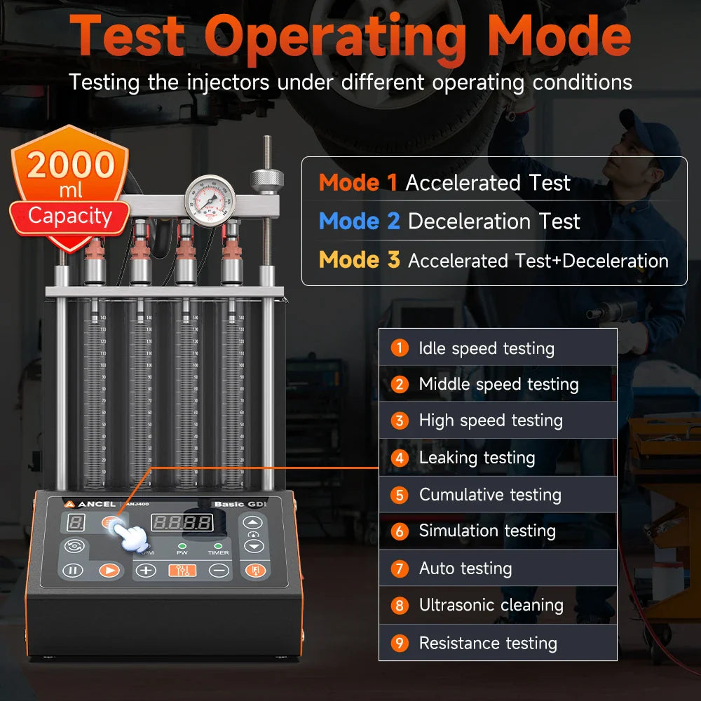 ANCEL ANJ400 Ultrasonic Fuel Injector Tester Cleaner Injecting Flow Test Machine GDI 4 Cylinders Ultrasonic Injector Cleaning