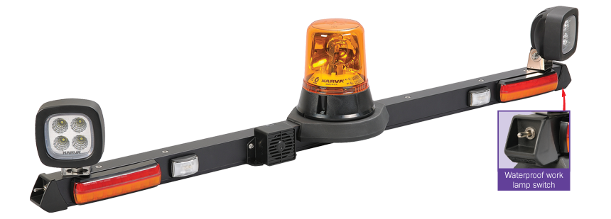 85072A Narva 12 Volt Halogen Rotating Mine Bar - 1.2m with L.E.D Work Lamps Floo