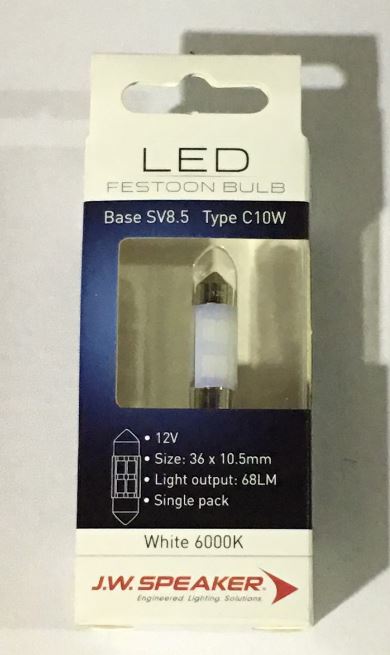JW Speaker LED 36mm Festoon C10W 6000K White 12V for INTERIOR REGO LIGHT