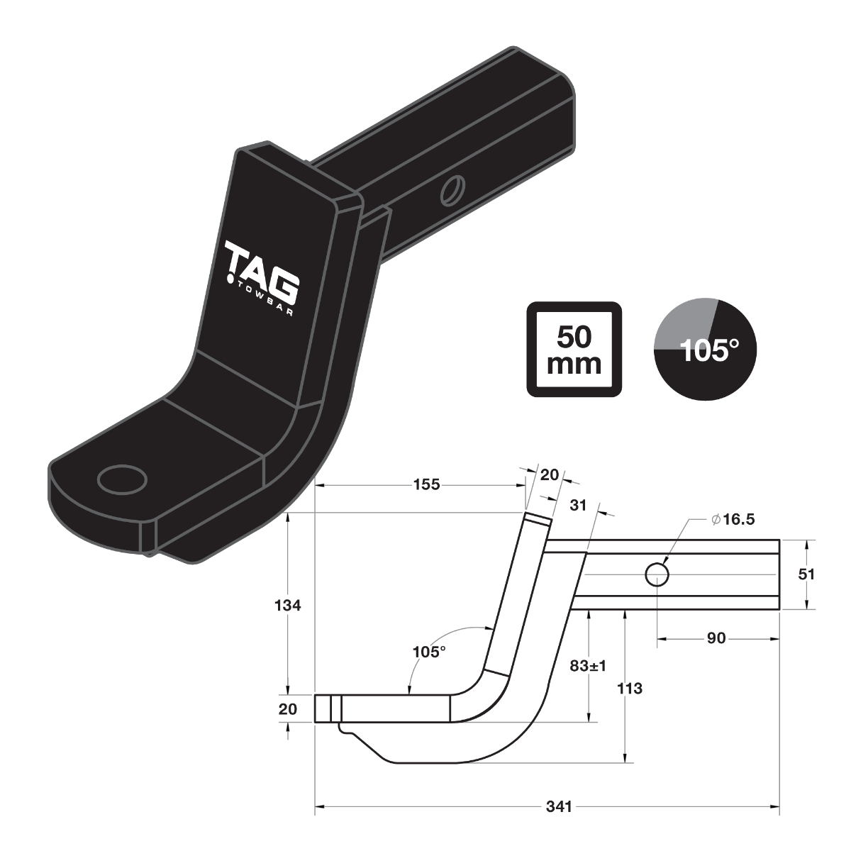 TAG Tow Ball Mount - 219mm Long, 105° Face, 50mm Square Hitch L4171-PC