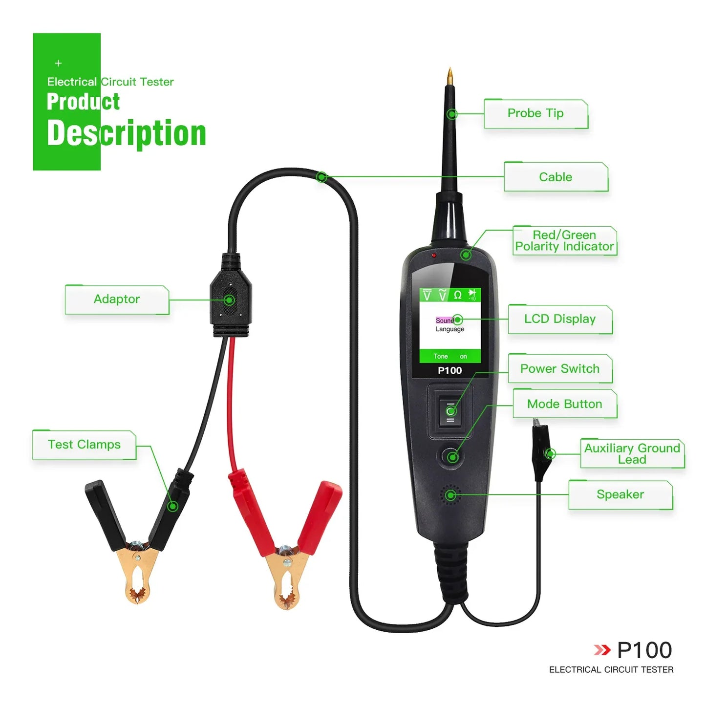 Car Diagnostic Tool P100 Auto Power Circuit Probe Circuit Tester Car Voltage Detector Electrical System 12V 24V Battery Scanner