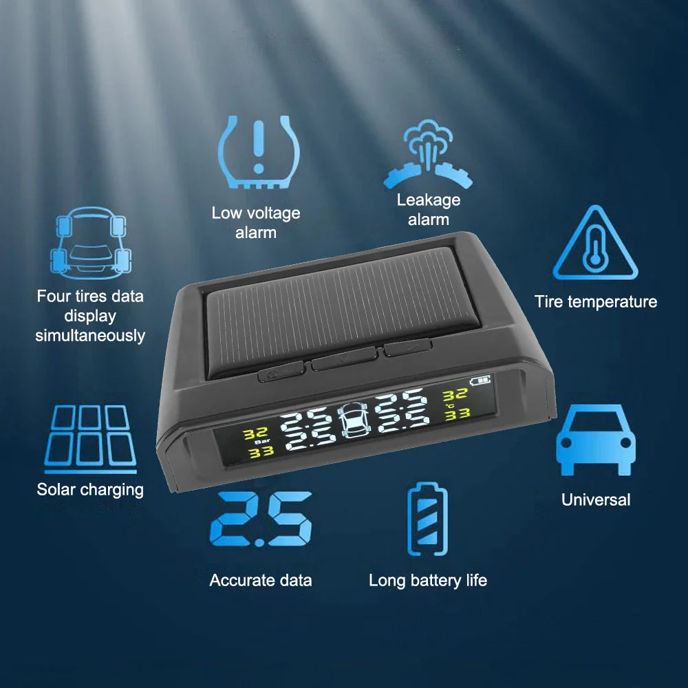 Car TPMS Intelligent Temperature Warning LCD Display Wireless Tire Pressure System USB Solar Powered + 4 External Sensors
