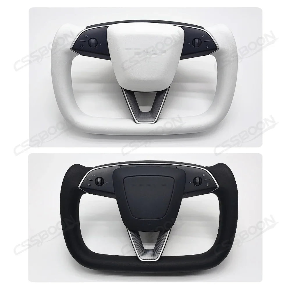 New Model Y Modified Yoke Steering Wheel with Heating for Tesla Custom Accessories Black White Leather Racing Car Handle