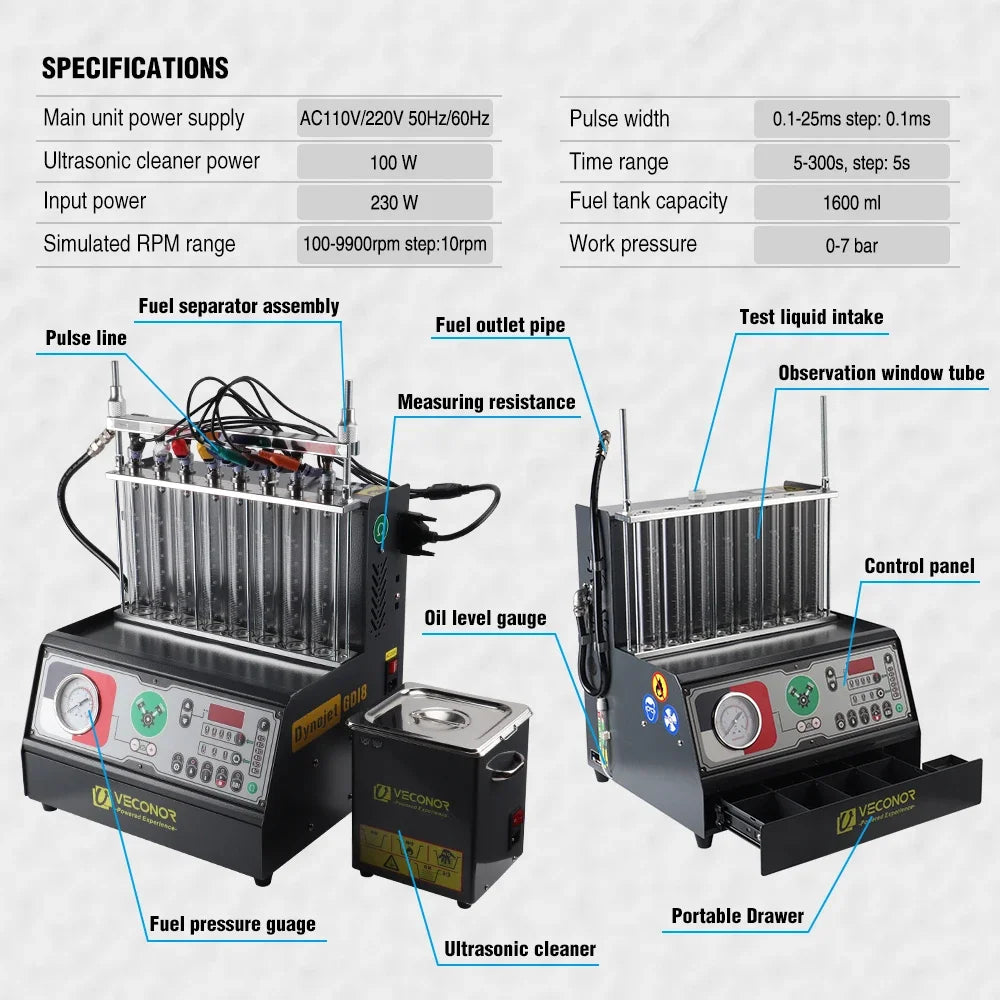 Intelligent Car GDI Fuel Injector Cleaner & Tester Cleaning Machine Ultrasonic Cleaner 8-Cylinders 110V 220V - Dynojet GDI8