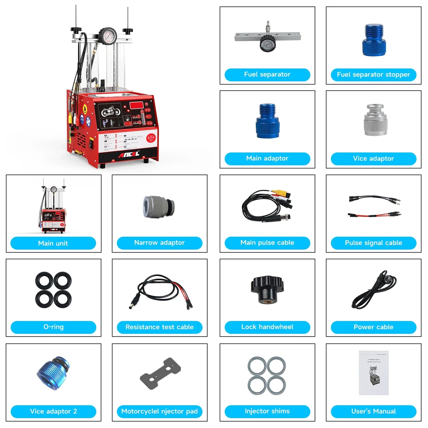 ANCEL AJ400-M Ultrasonic Fuel Injector Cleaner Tester For Motorcycle Nozzle Cleaning Tool Kit 110V