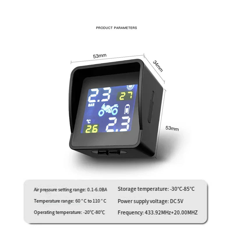 Motorcycle Solar Tire Pressure Temperature Monitoring System TPMS Sensor Kit USB Charge For Motorcycle Tire Pressure