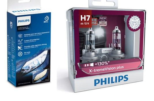 Headlight Restoration Kit + Philips H7 +130% x-treme xtreme Vision Halogen Bulb