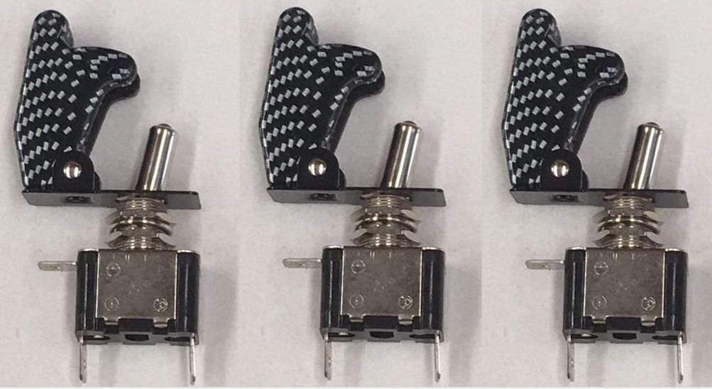 3 x Missile Switch Toggle on / off - Carbon - 12 Volt 20 Amp - Metal with LED